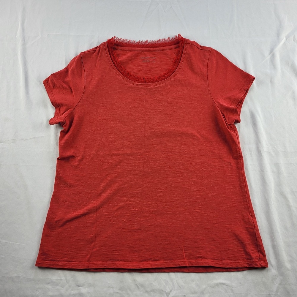 Coldwater Creek Womens Tee Red Frayed Raw-Edge Trim Medium Short Sleeve Cotton